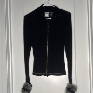 S’No Queen Black Long Sleeve Rabbit Fur Trim Blouse